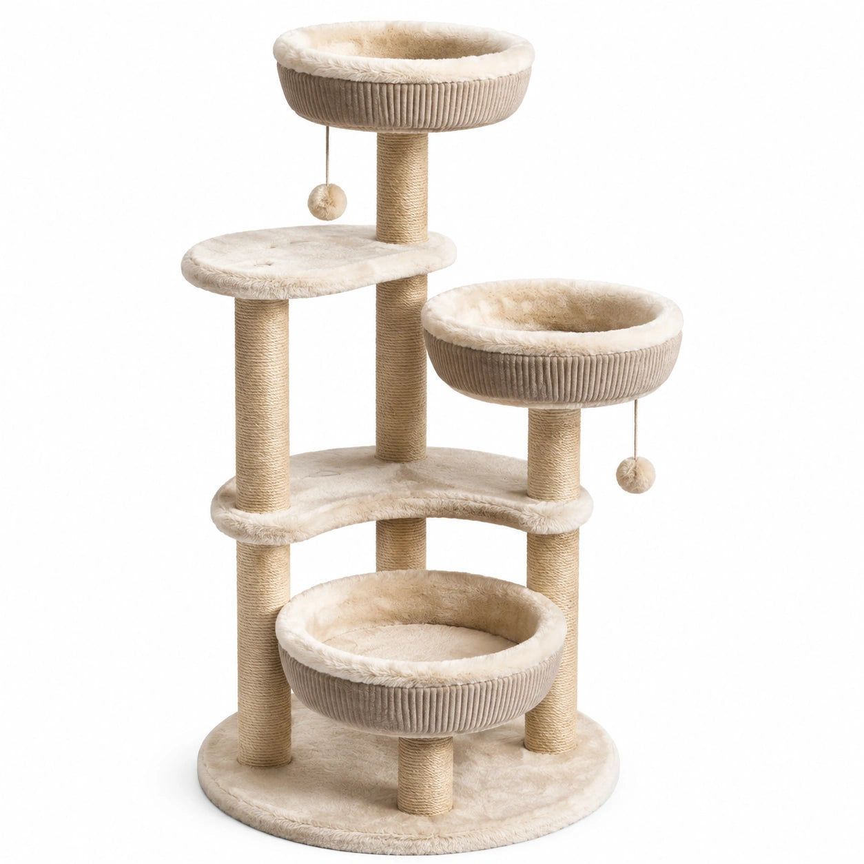 Arbre à chat en tissu beige avec poteaux en sisal, 3 niveaux, hauteur 90 cm