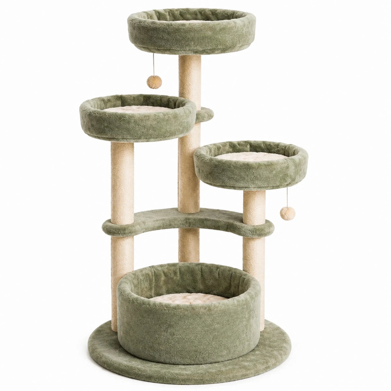 Arbre à Chat en Peluche et Sisal Vert avec 4 Niveaux Ø45 x H120 cm