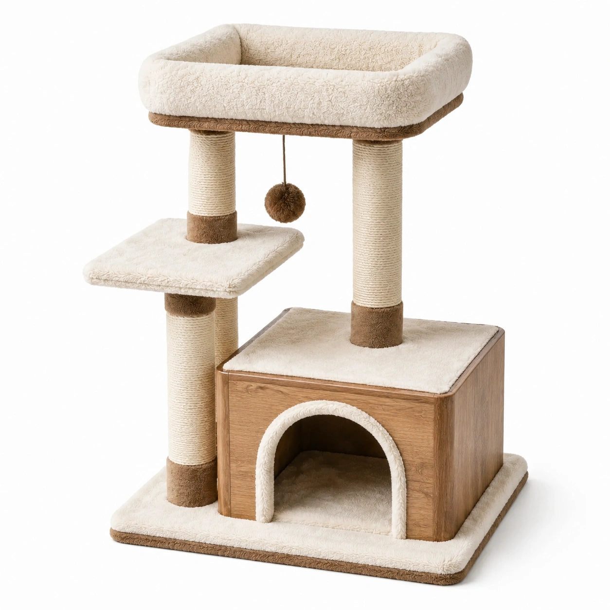 Arbre à chat en bois et peluche beige 50x40x100 cm
