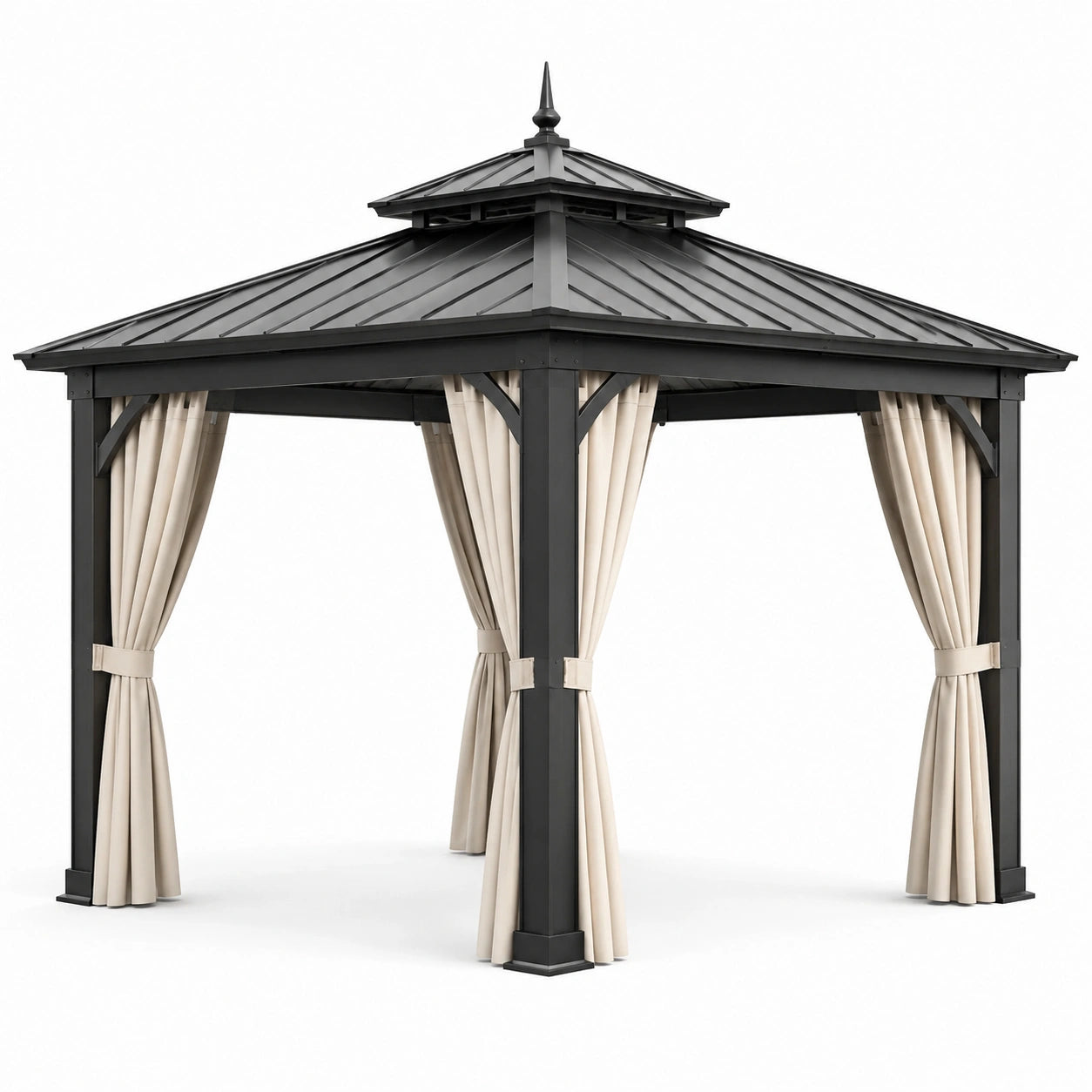Pavillon en métal avec toit en acier et rideaux crèmes