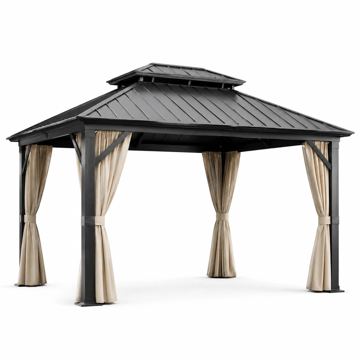 Pavillon de jardin en aluminium noir avec rideaux en polyester