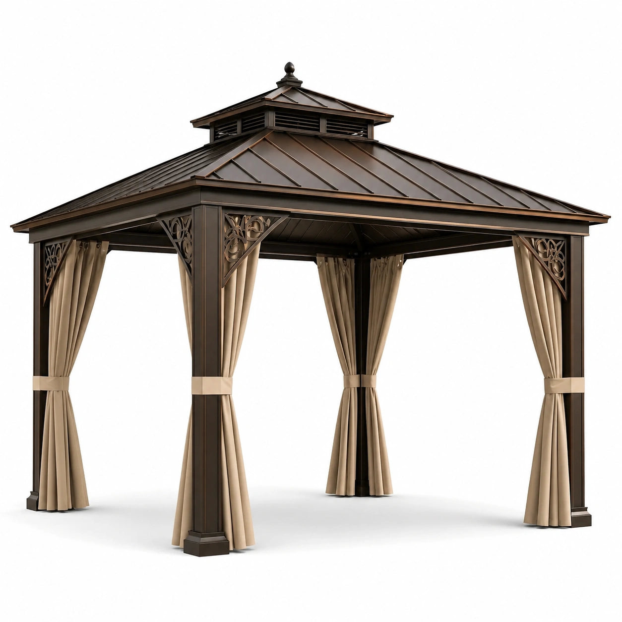Pavillon de jardin en métal brun avec rideaux en polyester beige 300x400 cm