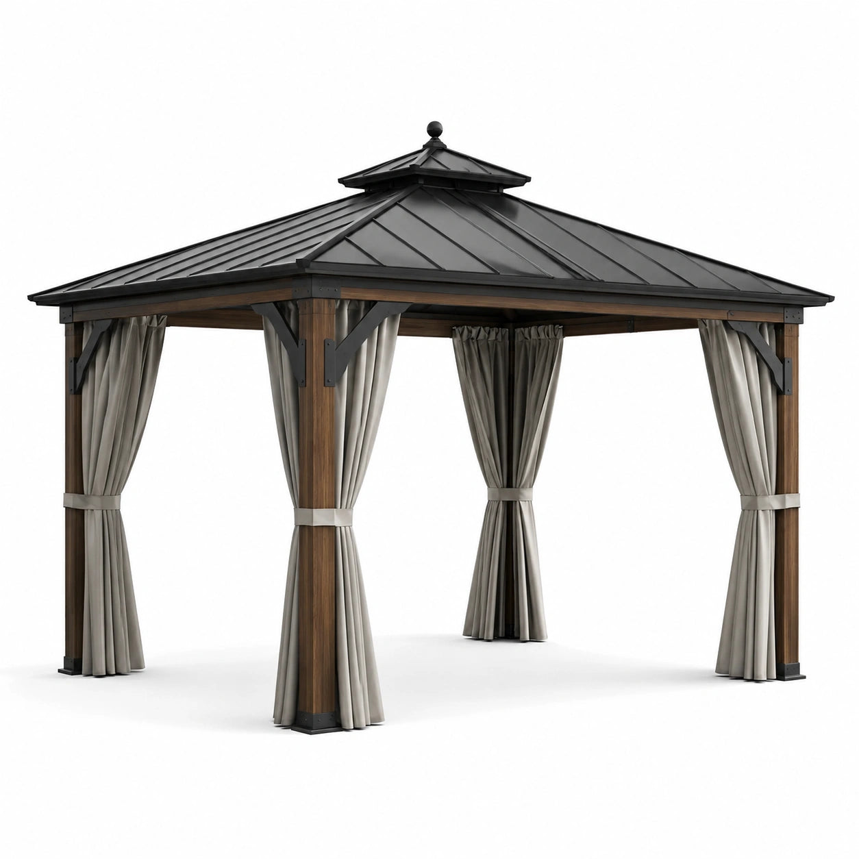 Pavillon de Jardin en Bois et Métal avec Rideaux en Polyester Gris