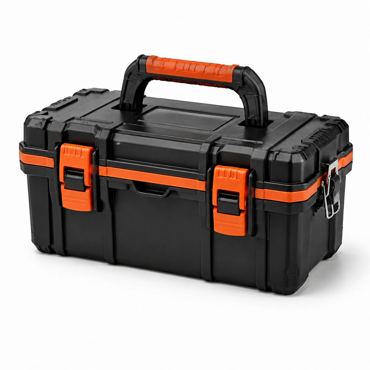 Boîte à outils en plastique noir et orange avec poignées