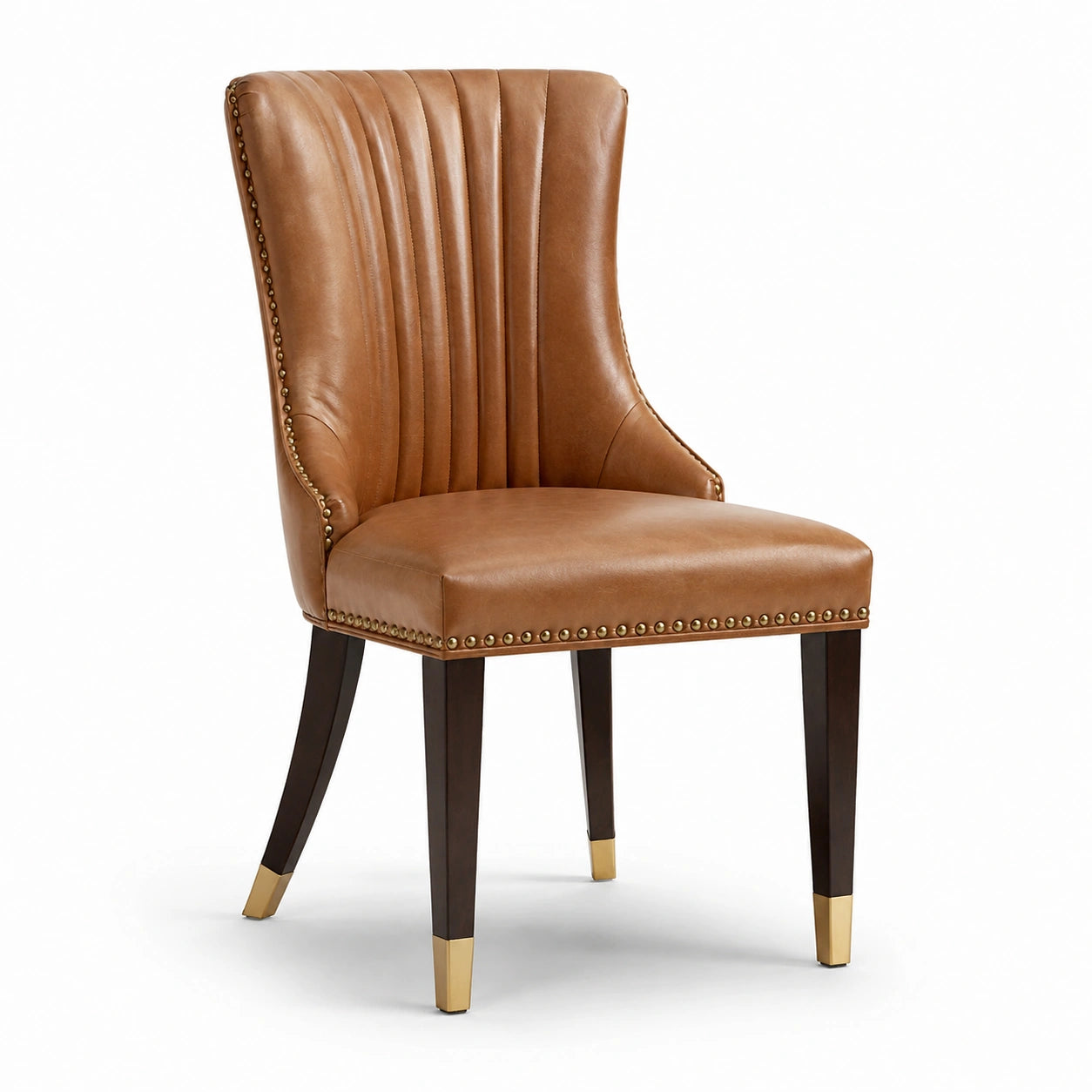 Chaise en cuir synthétique brun avec pieds en bois et métal