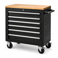 Chariot à outils en métal noir avec plateau en bois
