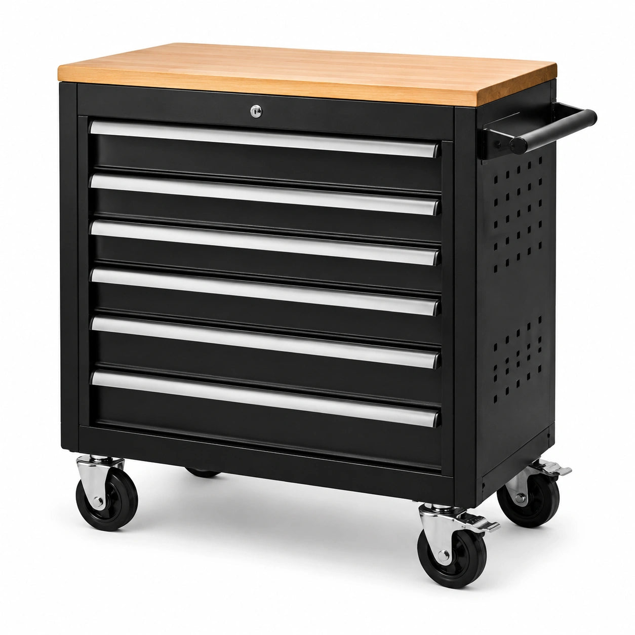 Chariot à outils en métal noir avec plateau en bois