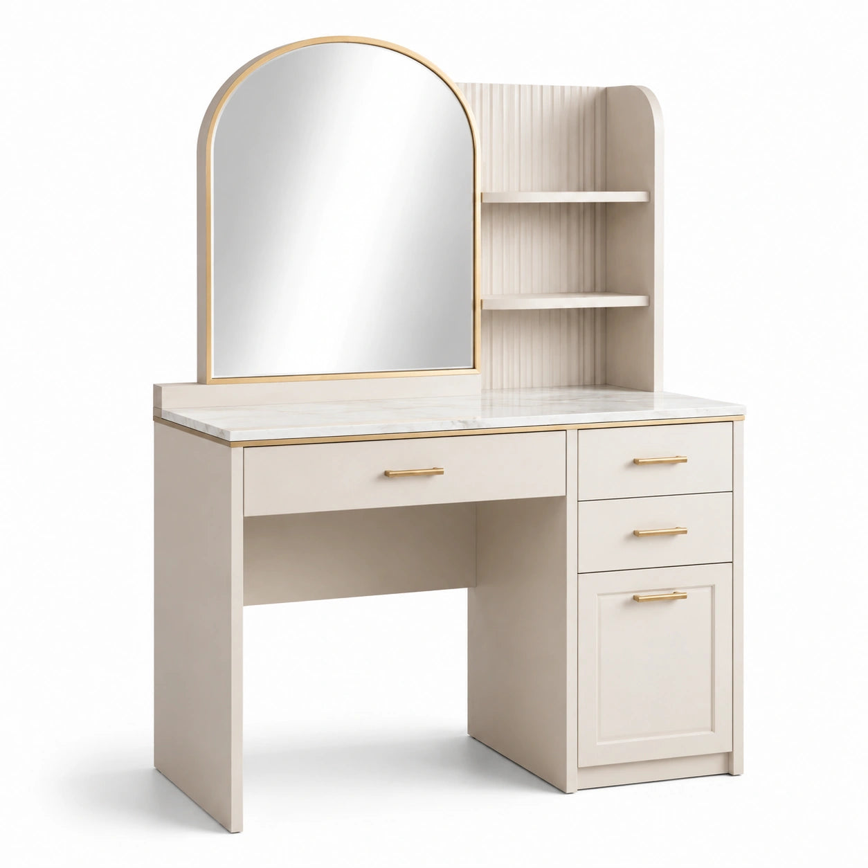 Coiffeuse en bois beige avec miroir arqué et étagères