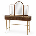 Coiffeuse en bois de noyer avec miroir triptyque et pieds en métal doré