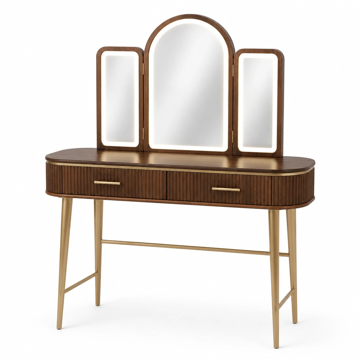 Coiffeuse en bois de noyer avec miroir triptyque et pieds en métal doré