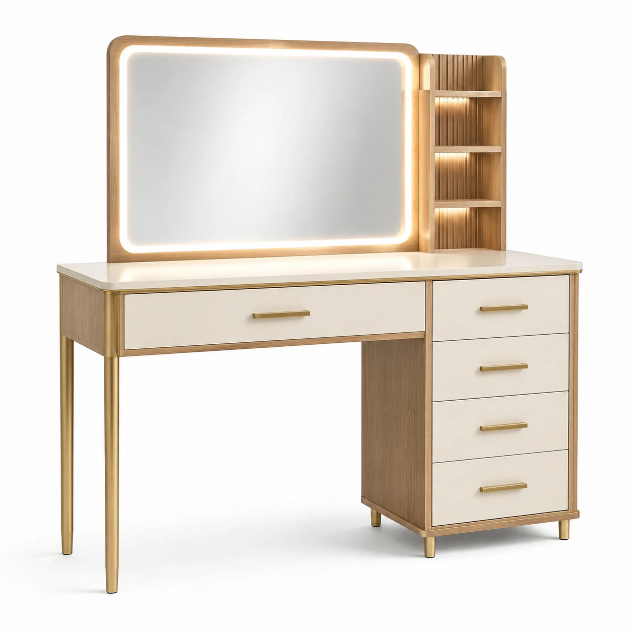 Coiffeuse en bois avec miroir LED et tiroirs en chêne et blanc