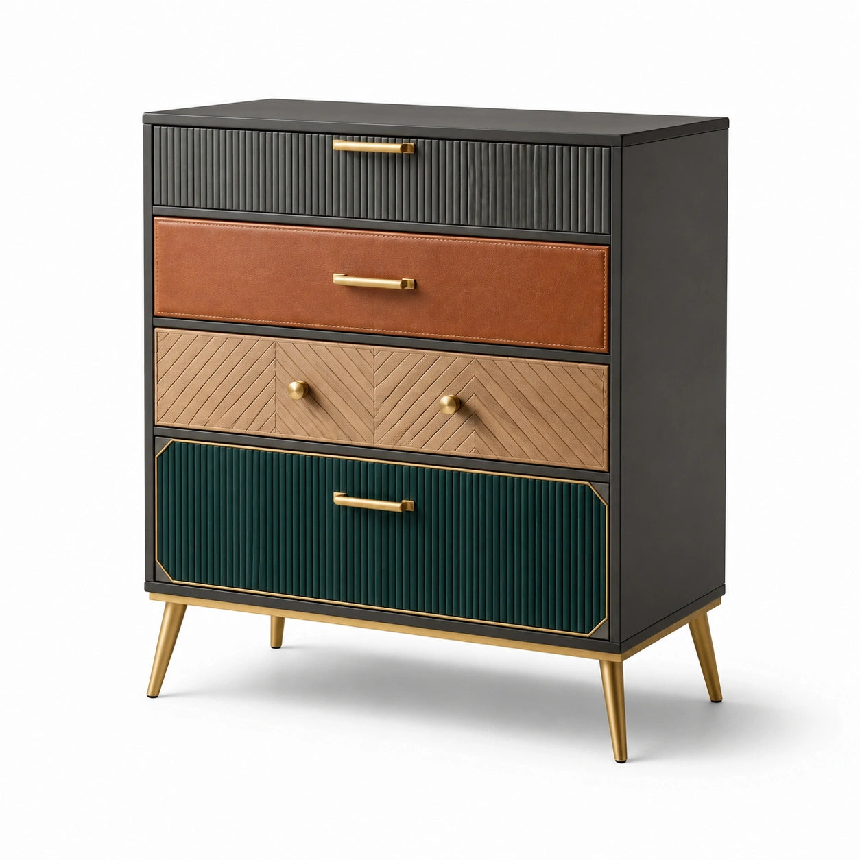 Commode en bois et métal à 4 tiroirs avec finitions laiton