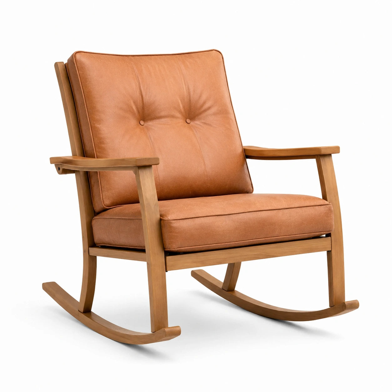 Fauteuil à bascule en cuir brun avec structure en bois